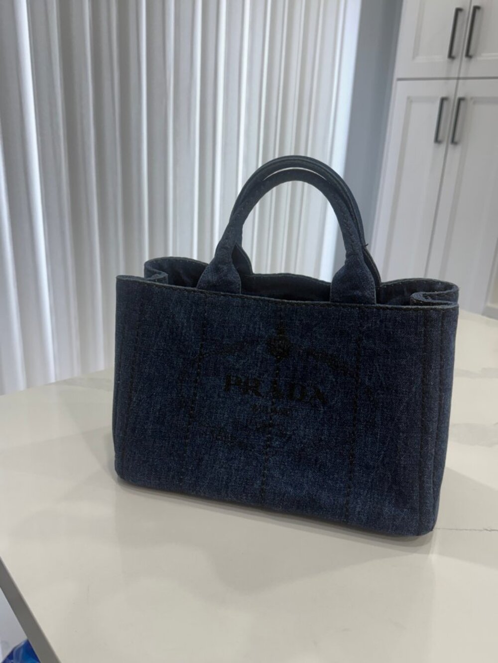 Prada Denim Canapa Logo Tote Medium Blue Denim, Gold Hardware